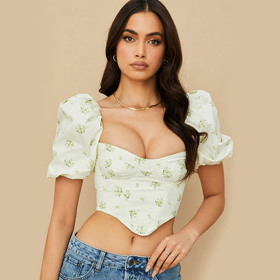 Blusa Temperament Commuter con Mangas Voluminosas Blanca Estampada Cuello Cuadrado