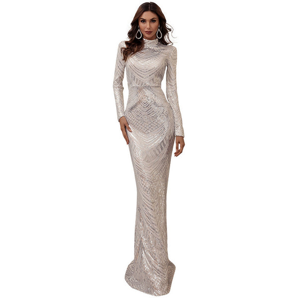 Vestido Largo de Lentejuelas Geométricas con Manga Larga y Corte Sirena
