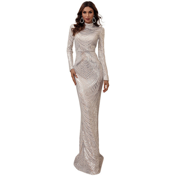 Vestido Largo de Lentejuelas Geométricas con Manga Larga y Corte Sirena