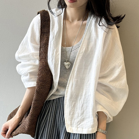Blusa Suelta de Ramio Retro Artística con Protección Solar y Mangas Largas