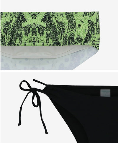 Lime green bandana print bandeau bikini top with black low-rise tie-side bottoms on a woman by a pool. - Image 23