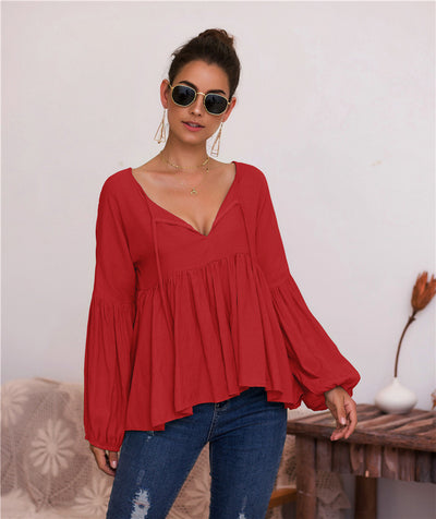 Blusa V-Neck con Mangas Abullonadas en Colores Sólidos - Image 8