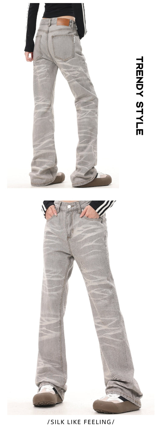 Jeans Rectos Desgastados a Mano Gris Mud con Rayas Retro - Image 10