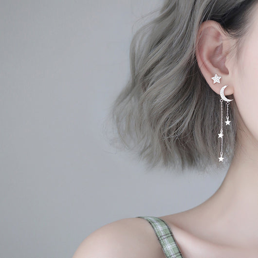 Aretes Asimétricos de Plata Esterlina con Luna, Estrella y Borla para Niña - Image 12