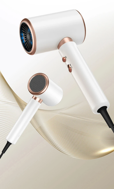 White professional hair dryer with rose gold accents, blue fan, and two control buttons, shown with a US 110V plug and a 360-degree rotating air collector nozzl - Image 14
