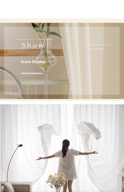 White translucent thickened sunscreen curtain made of hemp yarn with grommet top, hanging in a modern window. - Image 25