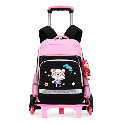 Pink and black detachable trolley backpack for elementary school students with a cartoon bear graphic and doll charm. - Image 9