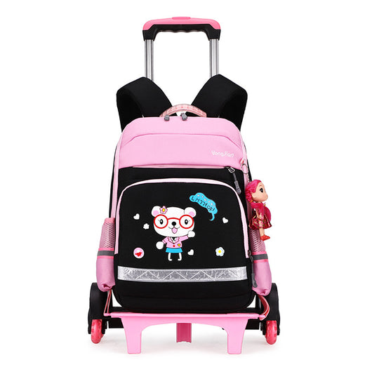 Pink and black detachable trolley backpack for elementary school students with a cartoon bear graphic and doll charm. - Image 9
