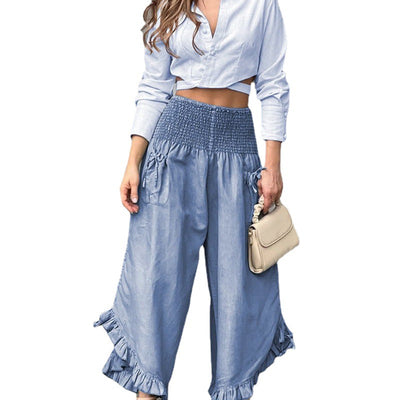 Pantalón Talle Alto con Bolsillos y Blusa de Encaje con Volantes - Image 3