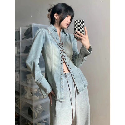 Camisa Denim Lavada con Cordones para Mujer - Image 7