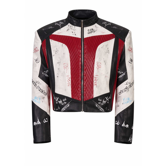 Chaqueta de Cuero Estilo Graffiti con Cuello Elevado para Hombre - Image 3