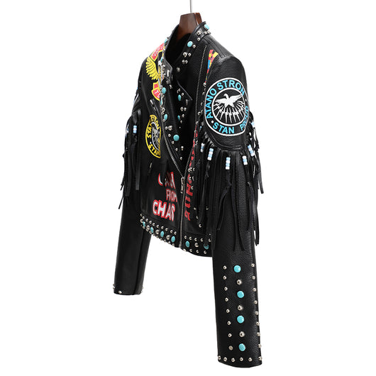 Chaqueta de Cuero con Estampado y Remaches Contraste para Mujer - Image 4