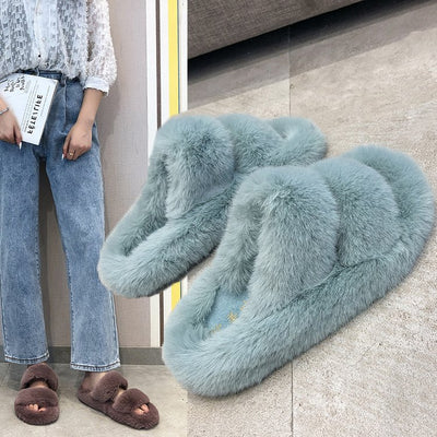 Pantuflas Cruzadas de Pelo de Conejo Suave para Mujer - Image 21