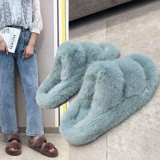 Pantuflas Cruzadas de Pelo de Conejo Suave para Mujer - Image 21