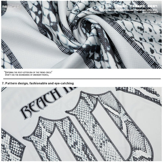 White mesh jersey t-shirt with a V-neck and short drop-shoulder sleeves, featuring a black and white snake scale design. - Image 4