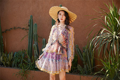 Vestido Largo Floral con Cintura Ajustada y Mangas Farol - Image 9