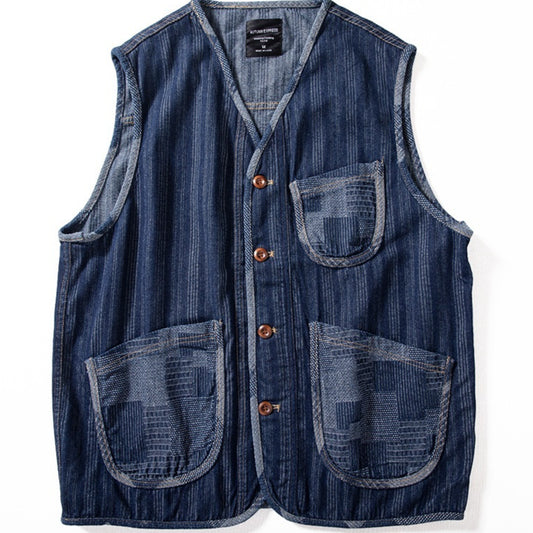 Chaleco Denim Retro Patchwork Color Block Marrón