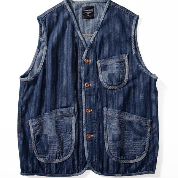 Chaleco Denim Retro Patchwork Color Block Marrón