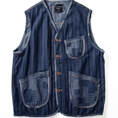 Chaleco Denim Retro Patchwork Color Block Marrón