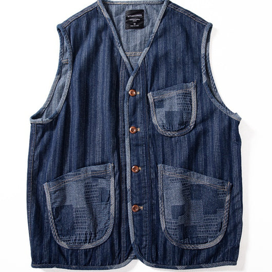 Chaleco Denim Retro Patchwork Color Block Marrón