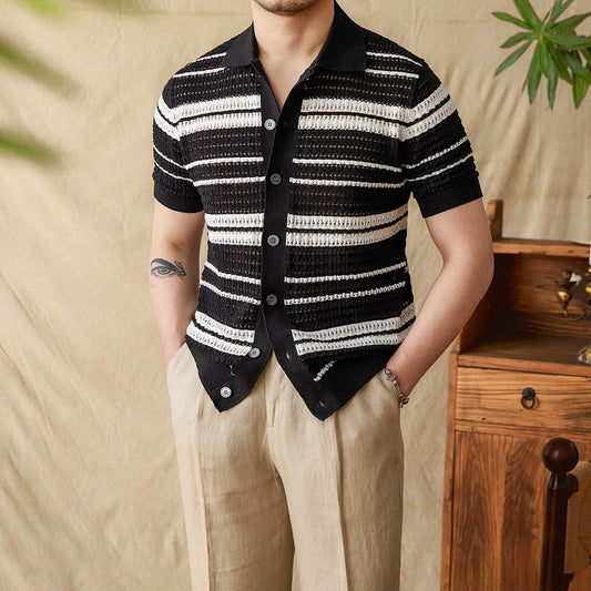 Cardigan Tipo Polo para Hombre con Rayas Veraniegas y Manga Corta