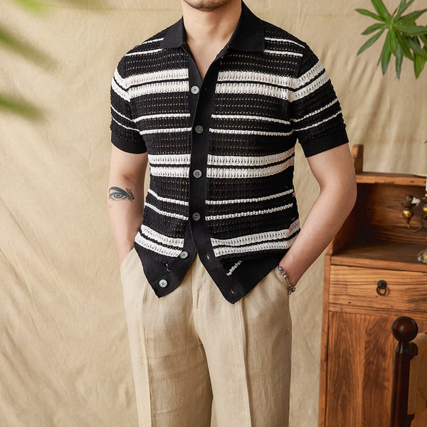 Cardigan Tipo Polo para Hombre con Rayas Veraniegas y Manga Corta