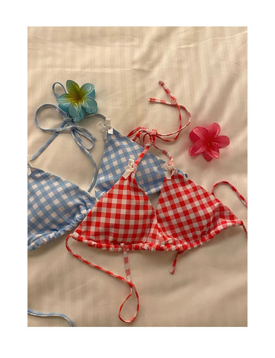 Light blue and white gingham bikini set with a triangle halter top and low-rise boy short bottoms with a small bow. - Image 17