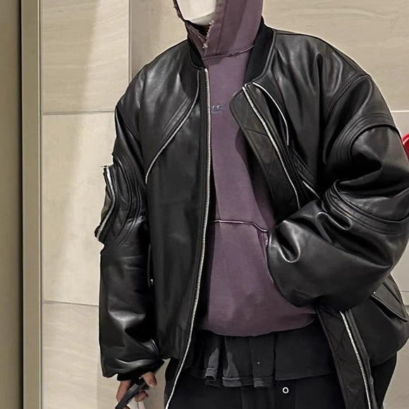 Chaqueta Acolchada de Cuero con Mangas Sueltas y Cierre - Corte Moderno