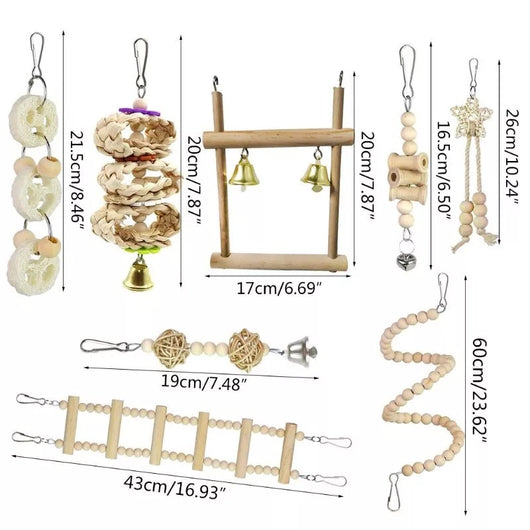 Set of 8 natural wood parrot chewing toys, including hanging swings, beaded perches, and loofah toys with bells. - Image 3