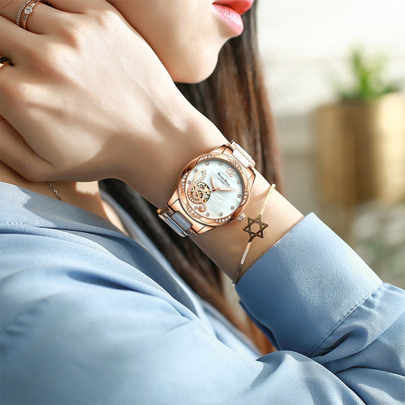 Reloj Automático para Mujer Deyi Bird Rojo Vino con Diseño Calado