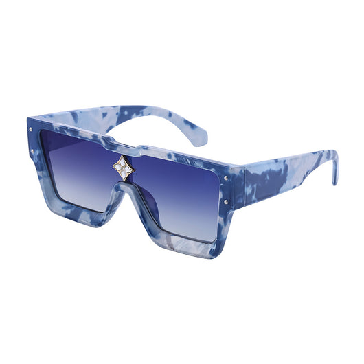 Black large frame square sunglasses with dark lenses and a gold star-shaped embellishment on the bridge. - Image 24