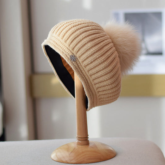 Boina de Lana con Pompón de Piel de Zorro - Estilo Vintage Británico para Otoño e Invierno