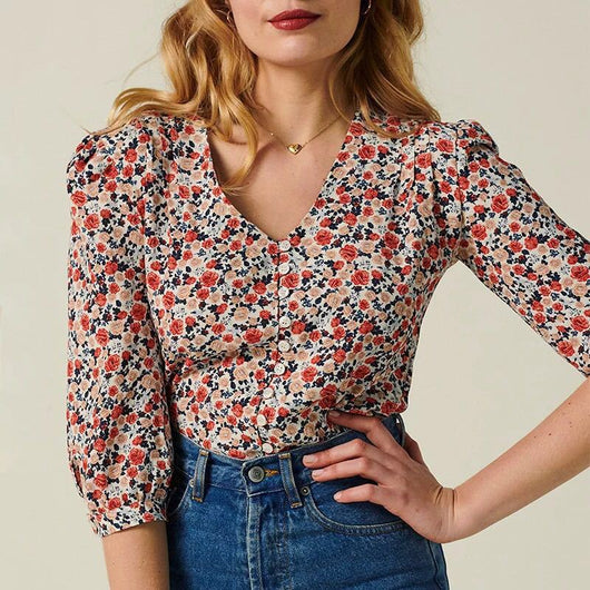 Blusa Retro Cropped con Botones y Mangas Cortas - Image 3