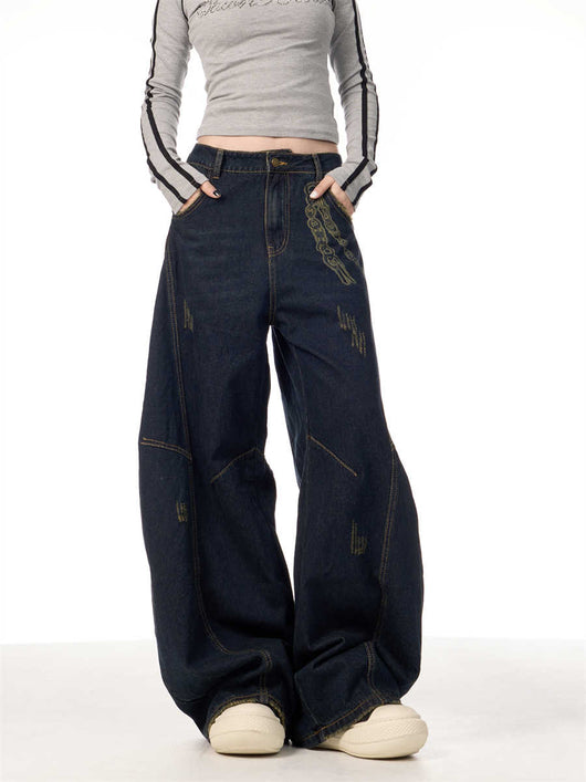 Overol Denim Retro Patchwork de Pierna Ancha para Mujer - Image 5