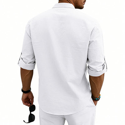 Camisa de Lino Estilo Americano con Cuello Mao y Mangas Medianas para Hombre - Image 38