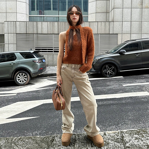 Blusa Corta de Imitación Mohair para Otoño e Invierno
