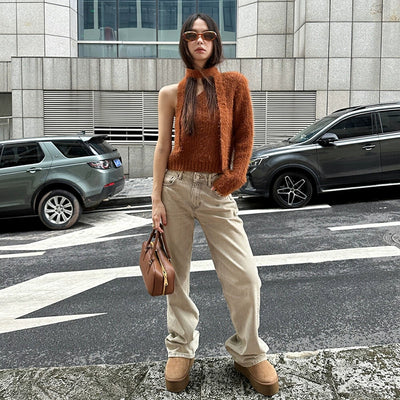 Blusa Corta de Imitación Mohair para Otoño e Invierno
