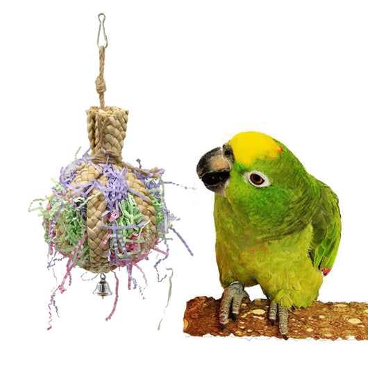 Woven straw paper parrot toy filled with colorful shredded paper, featuring a small bell at the bottom. - Image 11