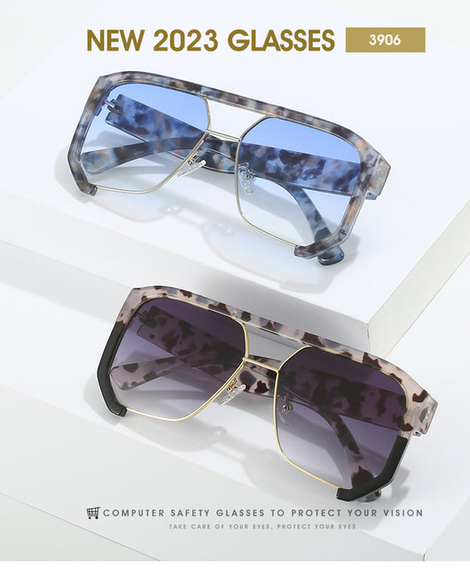 Black frame large rim hip hop sunglasses with gradient purple lenses and a gold-tone double bridge. - Image 13