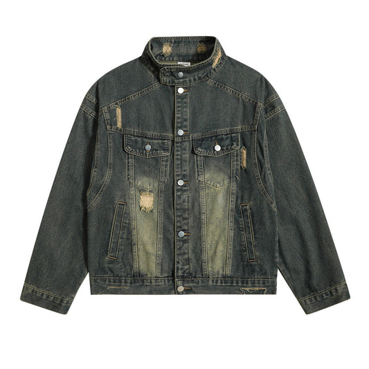Chaqueta Denim con Cuello Alto y Detalles Rotos