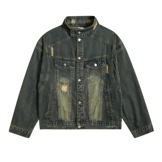 Chaqueta Denim con Cuello Alto y Detalles Rotos