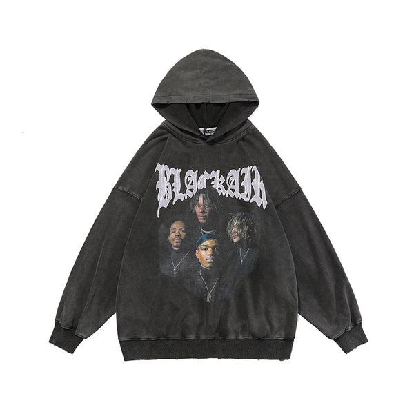 Sudadera Vintage Estampado Rap Lavada para Otoño Invierno