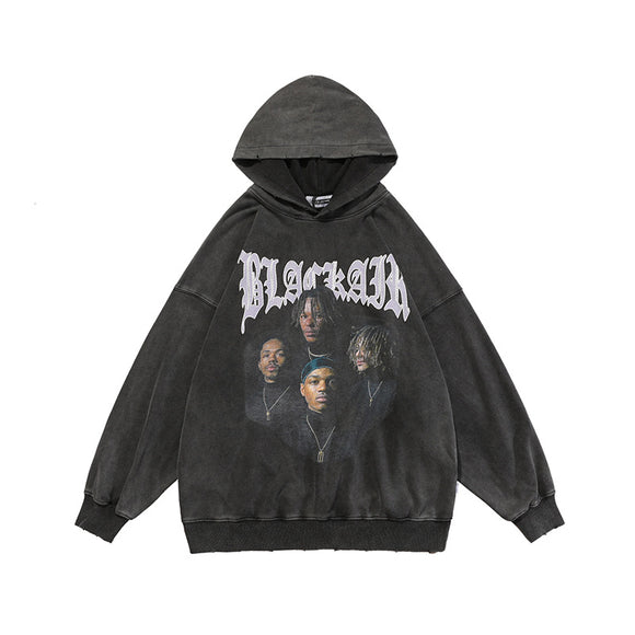 Sudadera Vintage Estampado Rap Lavada para Otoño Invierno
