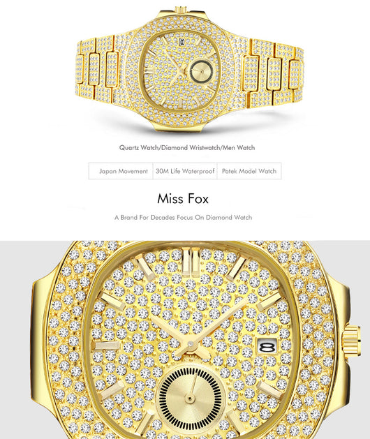 Reloj de Cuarzo para Hombre Dorado con Diamantes Completos - Lujo Hip Hop - Image 8