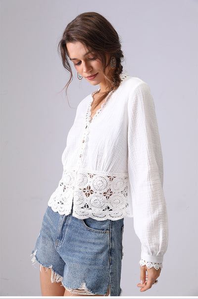 Blusa Suelta de Encaje Hueco Francés para Mujer - Image 8