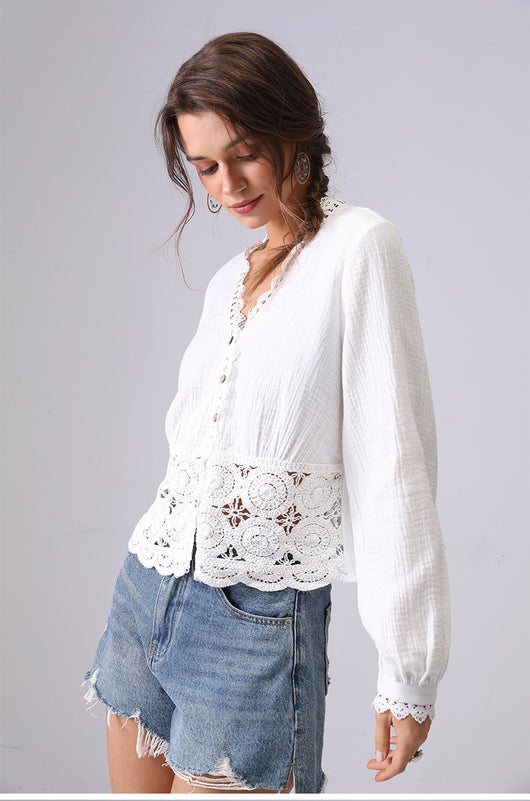 Blusa Suelta de Encaje Hueco Francés para Mujer - Image 8