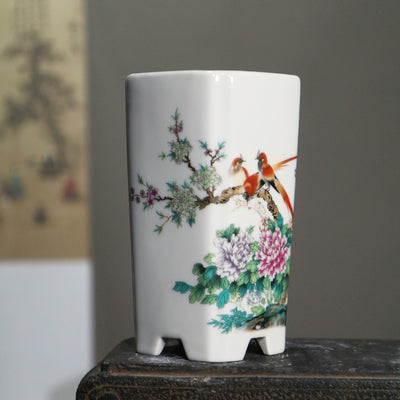 Maceta de Cerámica Orquídea Púrpura con Diseño Artesanal de Flores y Pájaros - Image 3