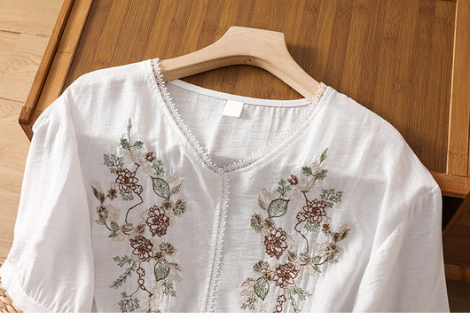 Blusa Suelta de Algodón y Lino con Escote V y Manga Corta para Mujer - Image 36