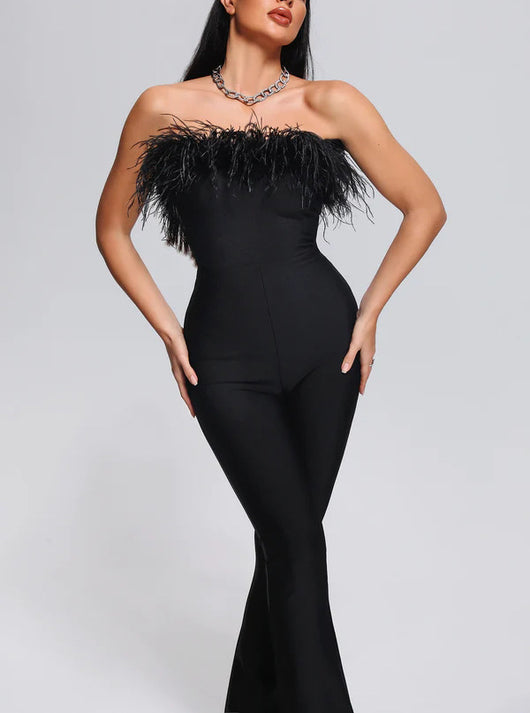 Jumpsuit Largo Elegante con Plumas y Moño Reductor - Image 3