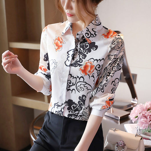 Blusa Occidental Estampada en Seda con Manga Larga Ajustada para Mujer - Image 4